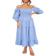 thumbnail image 2 of Femmes Été Robe Bohème Adultes Off-Épaule Smocked Puff Manches Plaid une Seule Pièce, 2 of 7