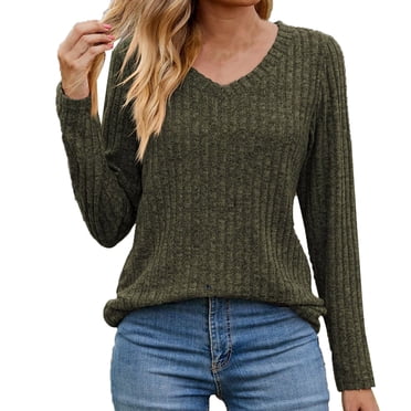 CEHVOM T-shirt à Manches Longues pour Femmes, Mode, Col en V, Rayé, Brossé, Uni, à Boutons, à Empiècements, Liquidation