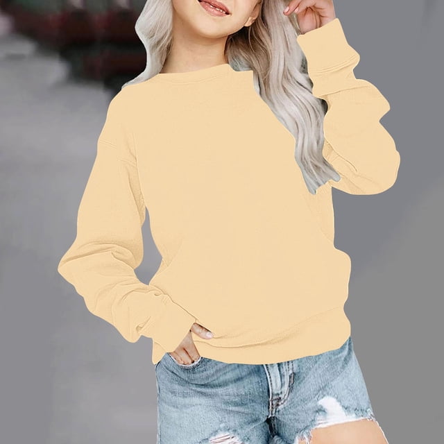 RXIRUCGD Tout-Petits Enfants Garçons Filles Mode Mignon Couleur Unie Manches Longues Col Ras du Cou Chandail Molletonné Chandail Haut Chandails à Capuchon ( Beige, Taille : 11 Ans )