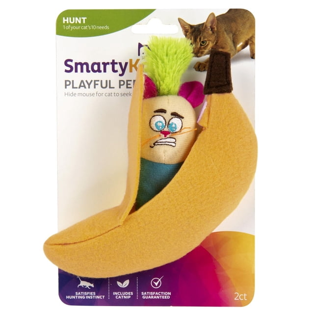 SmartyKat Playful Peeker Plush cat toy set with a yellow felt banana peel partially open revealing a plush mouse with embroidered blue eyes, pink ears, and green fuzzy hair, infused with natural catnip to stimulate indoor cats' hunting instincts.