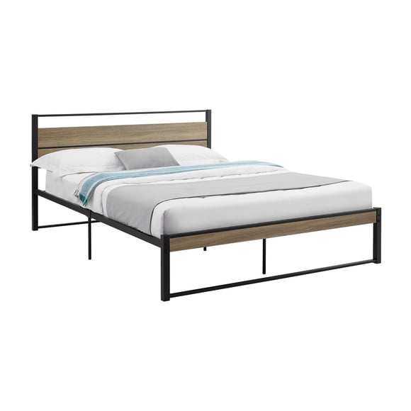 Monarch Specialties Bed, Bedroom, Frame Only, Platform Bed, Queen Size, Dark Taupe Laminate, Black Metal, Contemporary, Modern