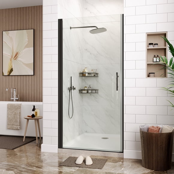 Frameless Sliding Shower Door, 34Inch Width x 72 Inch Height, 1/4" Tempered Clear Glass with Easy-Clean Coating, Matte Black Finish, Modern Bathroom Enclosure