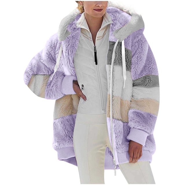 FAIWAD Women's Full Zip Fuzzy Fleece Hooded Coat Color Block Drawstring Fall Winter Warm Coat with Pockets