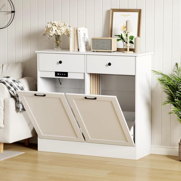 Double Tilt Out Trash Cabinet 20 Gallon,Hidden Wooden Trash Can Cabinet with Deodorizing Function,Farmhouse Laundry Hamper Cabinet, Pet Proof Trash Can