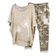 thumbnail image 2 of Mikilon Vêtements de Détente Confortables pour Femmes Ensemble 2 Pcs Imprimé Décontracté Manches Moyennes Col Rond + Pantalon Blanc-A L, 2 of 7