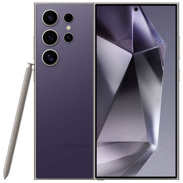 Restored Samsung Galaxy S24 Ultra 5G 256GB Unlocked Smartphone Open Box displayed in front and back views. Features a flat, edge-to-edge display, multiple high-resolution rear cameras, and a Snapdragon 8 Gen 3 processor. Includes an S Pen stylus for creative and professional use.