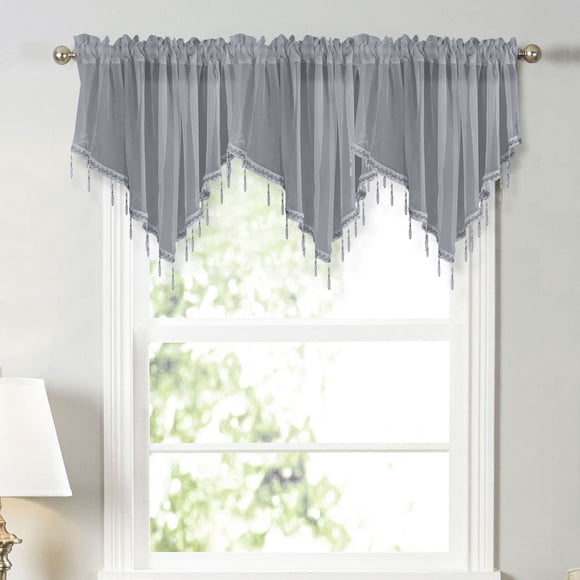3PCS Beaded Triangle Sheer Valance Curtains for Living Room,Sheer Valance Curtains for Kitchen,Rod Pocket Farmhouse Window Valance,Bedroom Window Beaded Sheer Valance Curtains with Tassel