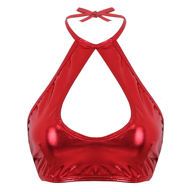 RUNQHUI Women's Shiny Metallic Keyhole Crop Top Halter Backless Rave Bandeau Vest Bra Clubwear Red One Size
