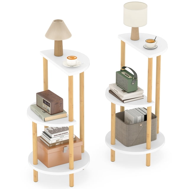 Gymax Ensemble de 2 Tables d'Appoint Rondes de 24 Pieds' avec Étagères de Rangement, Construction en Bambou pour Chambre