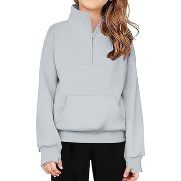 Milgrthf Girls Half Zipper Collar Hoodies Pullover Long Sleeve Casaul 1/4 Zip Up Thumb Holes Hooded Sweatshirts with Pocket Gray 160
