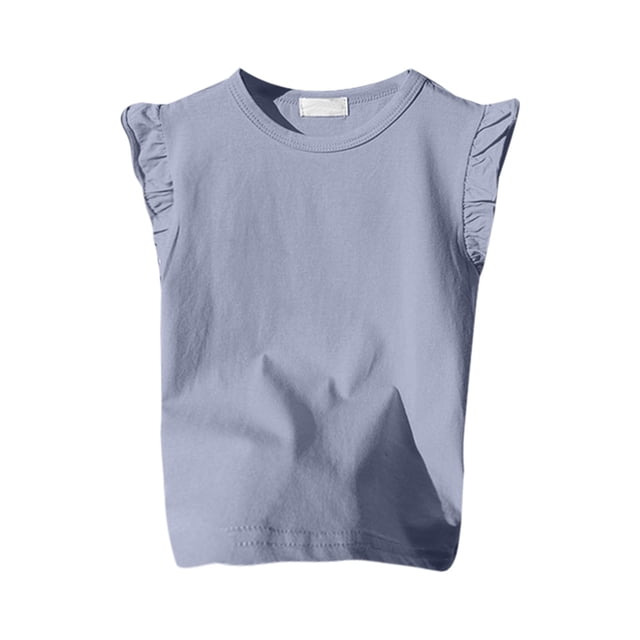 LUOGENLI T Shirt for Girls Girls Ruffle Sleeve T Shirt Solid Color Vest Girls Basic Short Sleeve Maxi Tops Sets Girls 2 Piece Outfits Casual Blue 9-10 Years