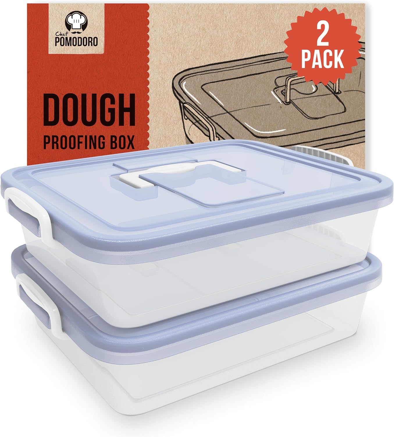 Chef Pomodoro Large Pizza Dough Proofing Box Kit 2-Pack, 17 x 13-Inch, Pizza Dough Container, Fits 6-8 Dough Balls, 2 Trays and 2 Covers, Household Pizza Dough Tray With Convenient Carry Handle (Blue)