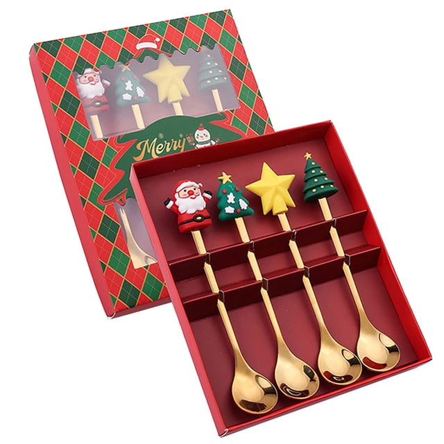 Oleegame 1PC Stainless Steel Cutlery Set Christmas Tableware Set Stainless Steel Spoon Gift Set Dessert Spoon Fork Coffee Spoon Christmas Pendant Spoon Tableware Set Gift