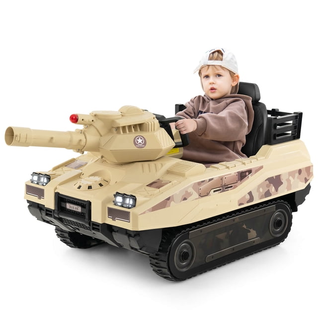 Costway Electric Kids Ride On Tank with rubber tracks, rotatable turret, working cannon, and parental remote control in light camouflage design. A child is seated in the spacious seat with safety belt, holding the steering wheel. The tank features headlights, missile boxes, and realistic detailing, ideal for ages 37 to 95 months. Suitable for various terrains like wood floors, grass, and cobbled roads.