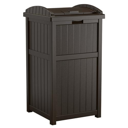 Suncast Trash Hideaway in Java color, an outdoor storage bin with a hinged lid for concealing garbage cans.