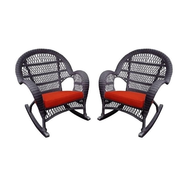 Jeco Wicker Rocker Chair in Espresso with Red Cushion (Set of 2)
