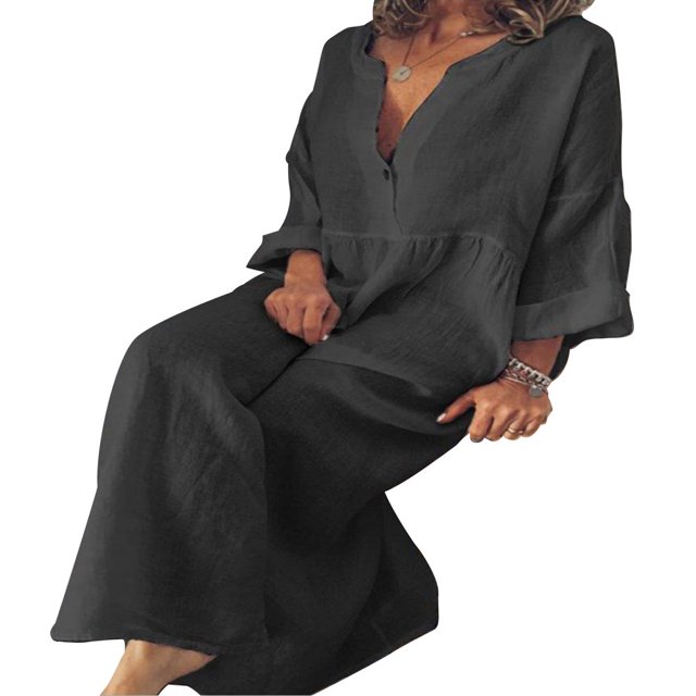 CHUANK Robe Maxi Ample à Manches Longues en Coton et Lin pour Femmes, Grande Taille, Unie, Boutonnée