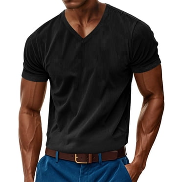 cfhntfmh Men's Summer T-Shirts Corduroy V Neck Ribbed Knit Stretch Casual Basic Shirts 2025 Summer Plain Solid Tops Tee