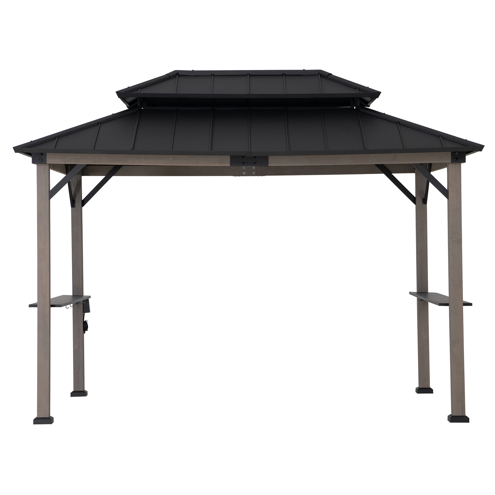 Sunjoy Tonnelle Gazebo en Bois avec Barbecue Intégré, 2.4 x 3.7 m, toit Rigide en Acier, pour des Grillades toute L'année