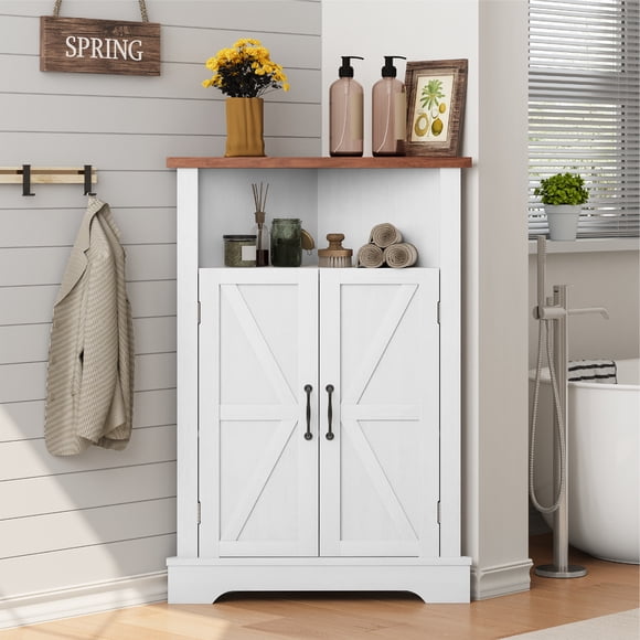 Semiocthome Bathroom Floor Storage Cabinet, Farmhouse Bathroom Cabinet , Adjustable Shelf, Barn Doors, White