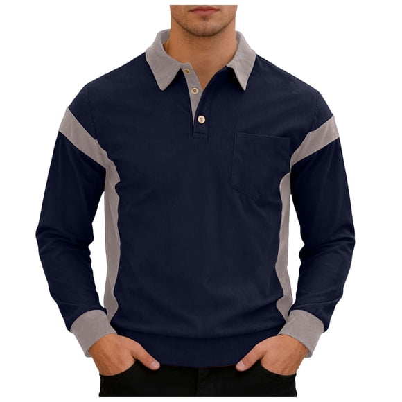 Ketyyh-chn99 Men's Zipper Polo Shirts Casual Textured Fabric Contrasting Color Single Long Sleeved Men's T Shirt Size for 2XL,Navy