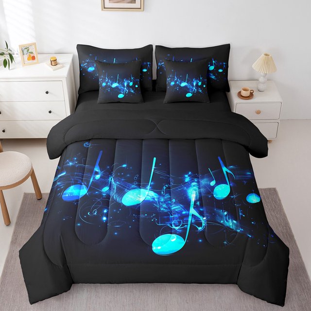 Musical Notes Comforter Set 7 Piece Bed in a Bag Twin,Glitter Note Line Bedding Sets Pop Music Themed Sheet Set with Comforter,Fashion Hip Hop Bed Set