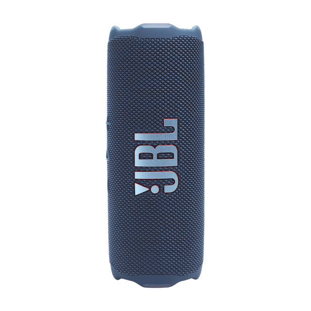JBL Flip 7 portable waterproof and drop-proof Bluetooth wireless speaker in blue, shown front-facing with textured fabric grille and large JBL logo, suitable for outdoor use and multi-speaker connection.