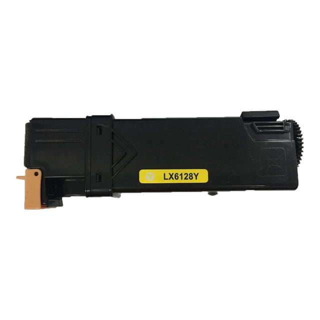 L-ink Compatible Xerox 6128 Yellow Toner Cartridge (106R01454) shown in a side profile with a black plastic body and yellow LX6128Y label. Compatible with Phaser 6128MFP printers, it offers 2500 pages of clear, smudge-free prints and is ISO certified for quality and efficiency.