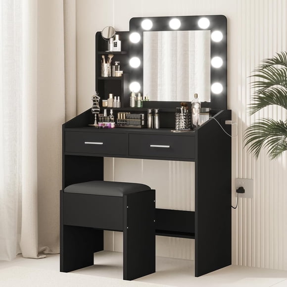 Makeup Vanity Desk with Lighted Mirror & Power Strip with 2 Drawers, White Vanity Set with Large Storage, 3 Lighting Modes, 31.5 inch, Black