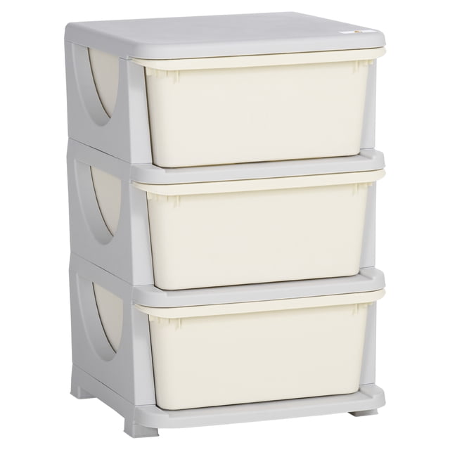 Qaba 3 Tier Kids Toy Organizer with 3 Plastic Storage Bins, Cream White
