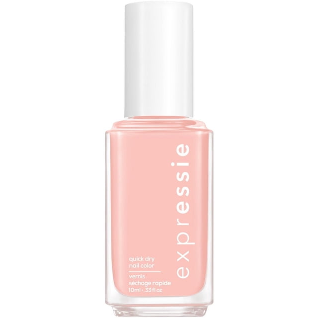 essie expressie quick-dry nail polish in soft pink with a clear rectangular glass bottle and white cap, featuring a patented angled brush for easy application and a vegan formula that dries in about a minute without needing base or top coat, ideal for fast nail color touch-ups