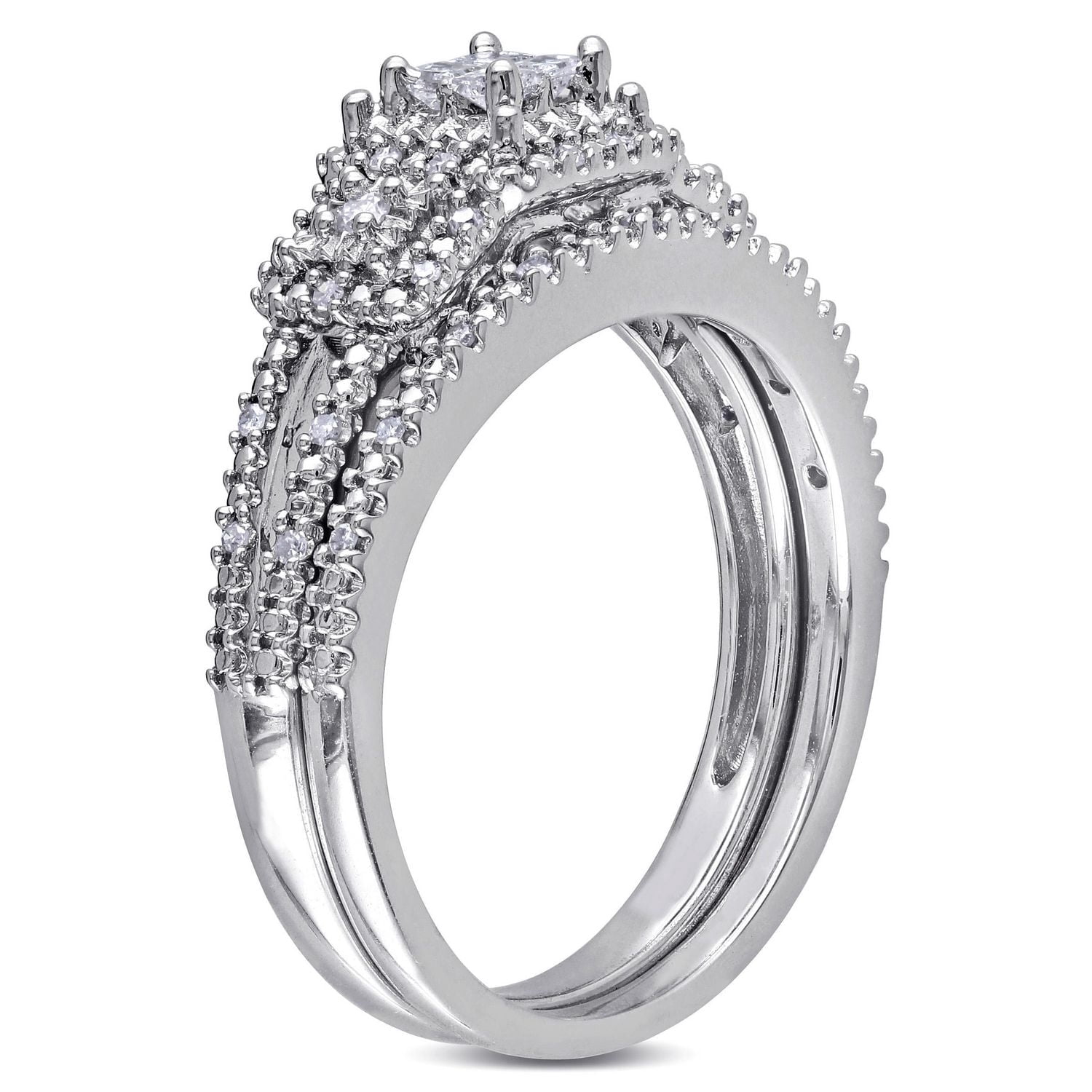 Ensemble nuptial de forme auréole Miabella avec diamants de coupe princesse et de coupe ronde 0,25 CT poids total en argent sterling