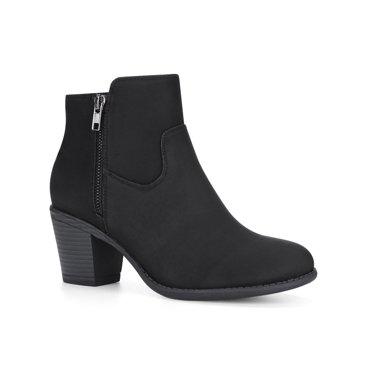 Unique Bargains Women's Round Toe Stacked Block Heel Zipper Ankle Boots