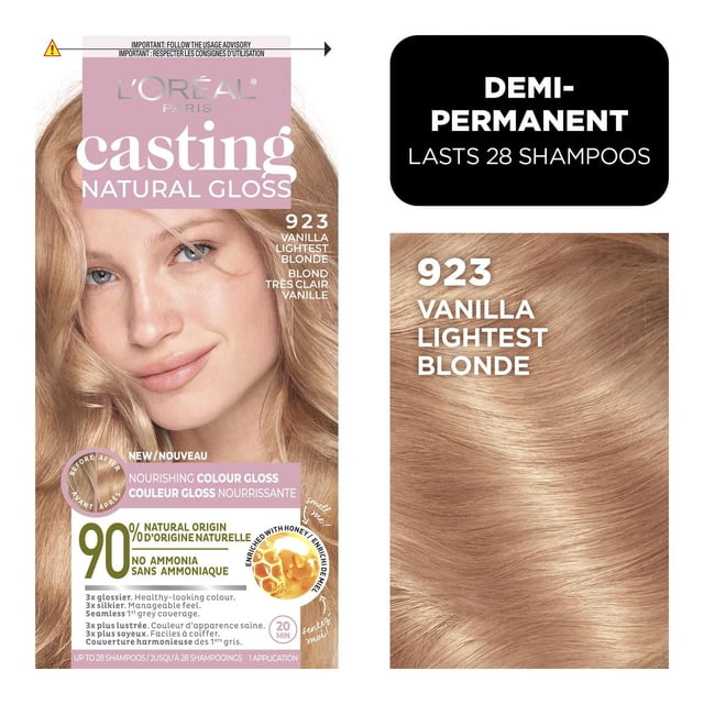 L'Oréal Paris Casting Natural Gloss Hair Dye in 923 Vanilla Lightest Blonde, a demi-permanent, ammonia-free colour gloss enriched with honey, providing 3x glossier, silky hair with seamless coverage that gently fades after 28 shampoos, made with 90% natural origin ingredients.