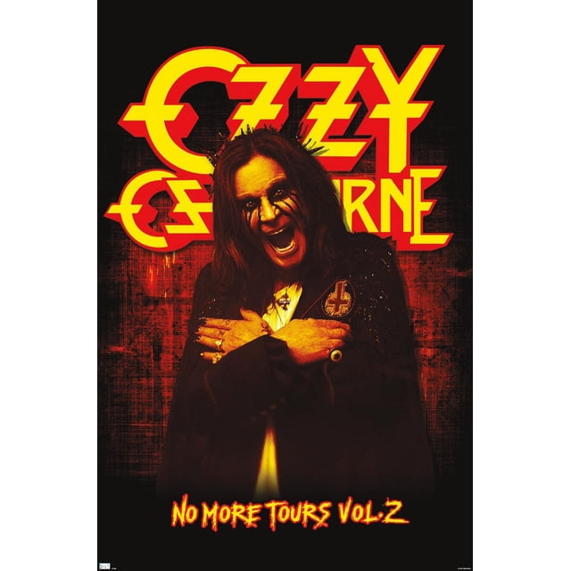 Ozzy Osbourne - Affiche Murale « No More Tours », 22,375 Po x 34 Po Mettant en Vedette une Figurine avec des Mains Croisées Portant des Bagues et une Veste avec Écusson en Croix, sur Fond Texturé Noir et Rouge avec Texte Audacieux Jaune et Rouge Ozzy Osbourne et « No More Tours Vol. 2 » en Rouge Ardent au Bas, Convient à la Déco de Chambre à Thème Musical.