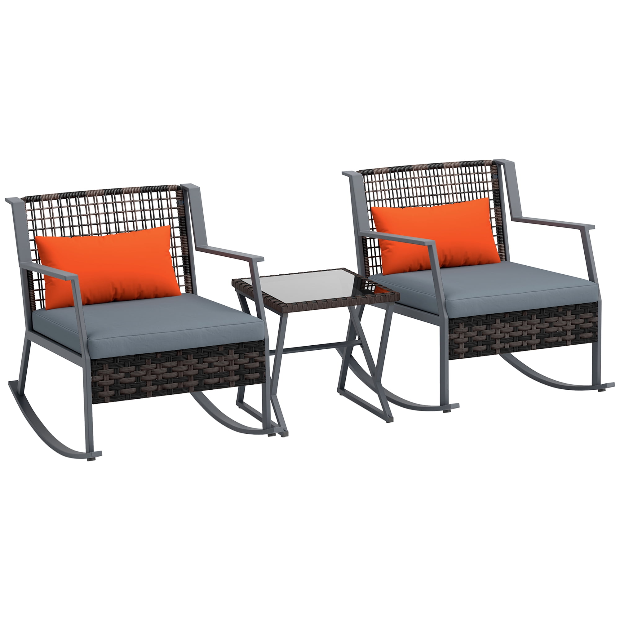 Outsunny Rocking Bistro Set, Wicker Patio Furniture with Cushions, Grey