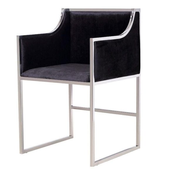 Chaise de salle à manger Hani en noir avec des accents argentés brillants – Revêtement en velours luxueux pour un look élégant et stylé