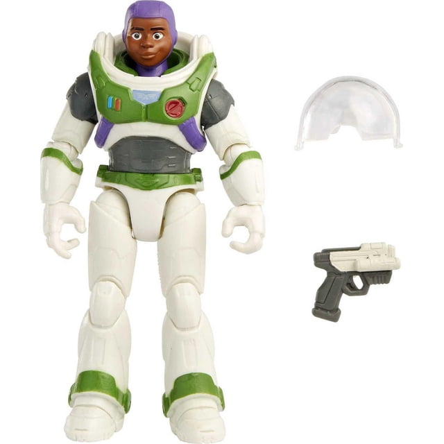 Disney Pixar Lightyear Space Ranger Alpha Alisha Hawthorne action figure in white, green, gray, and purple spacesuit with 12 movable joints, shown front-facing with removable clear helmet and Alpha Blaster accessory, ideal for recreating space adventure scenes and imaginative play.