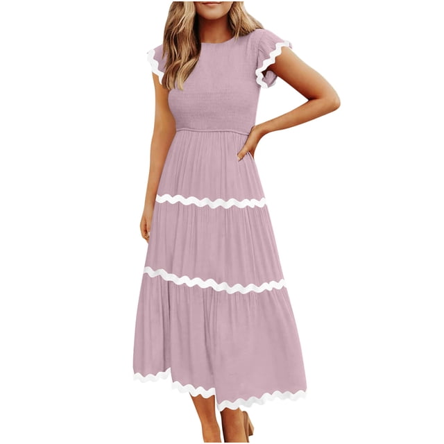 AherBiu Robes pour Femmes 2024 Décontracté Printemps Tendance à Blocs de Couleur Longue Robe Manches Cap A Robe Maxi
