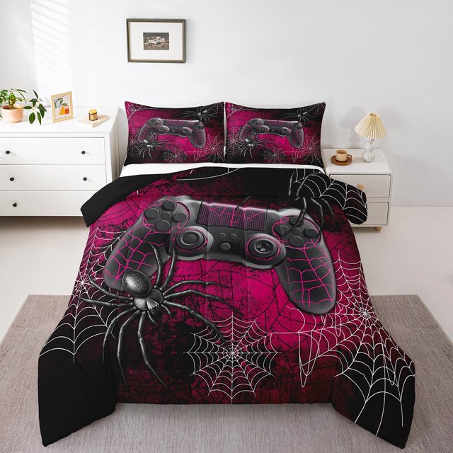 Erosebridal Video Game Comforter Sets Queen Size,Spider Wed Bedding Queen Comforter Set,Gamepad Room Decoration,Reversible,3Pcs