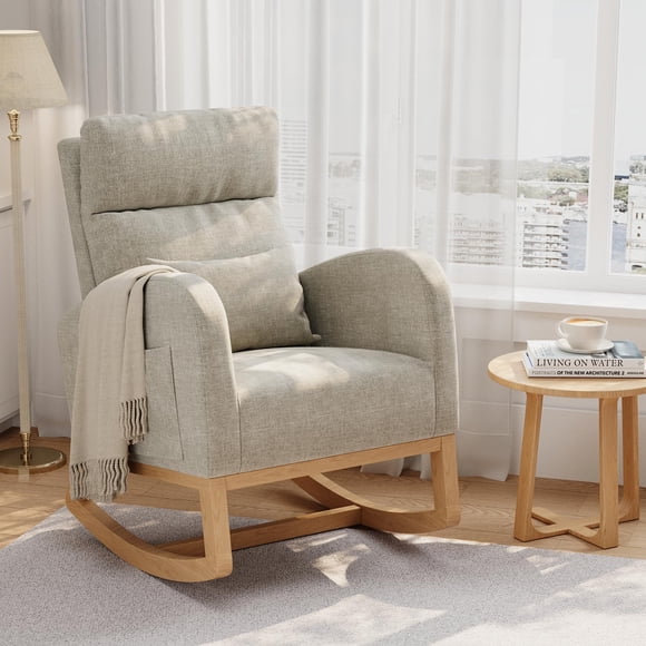 Twister.CK Rocking Glider Chair with Side Pockets and Pillow, Nursery Accent Chair, for Living Room Bedroom Nursing Room, Light Gray