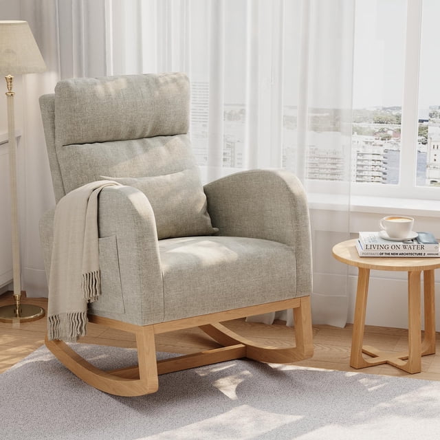 Modern Linen Rocking Chair - Comfortable Glider with Pillow & Side Pockets for Nursery, Living Room or Bedroom, Light Gray