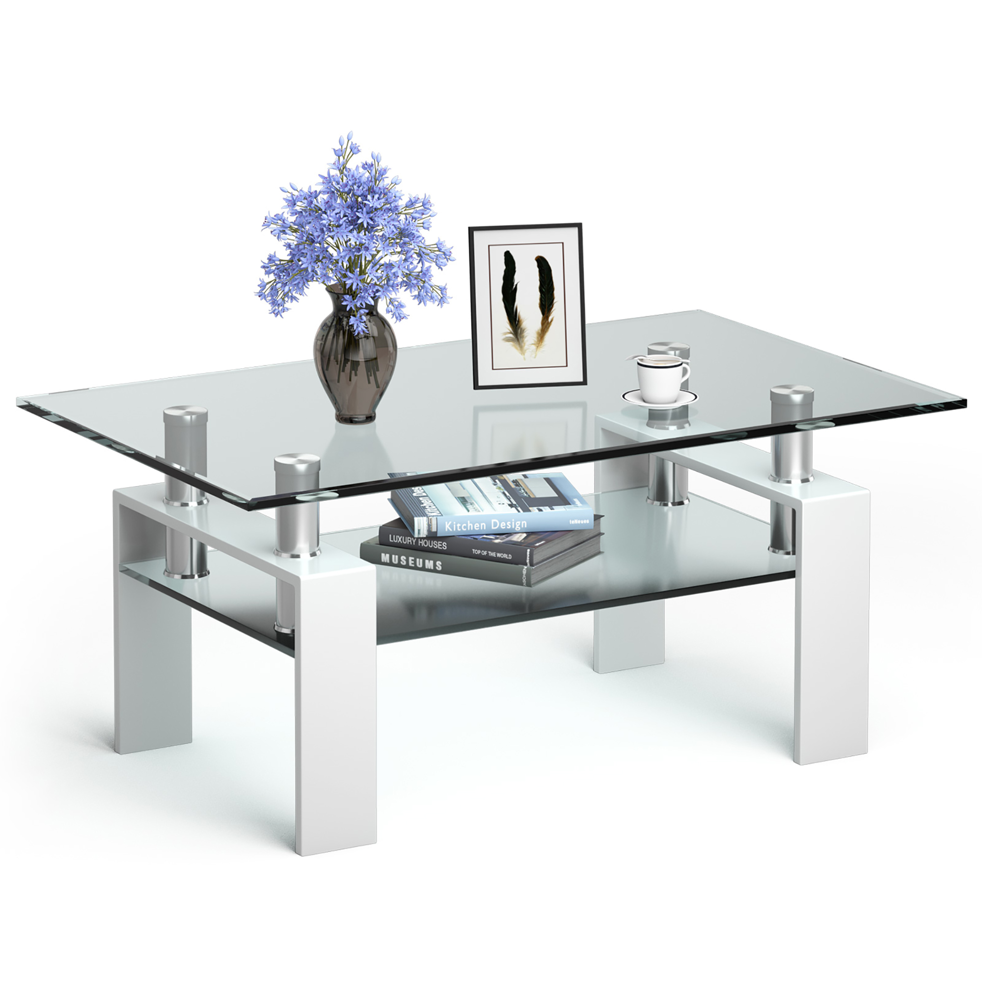 Costway Table Basse Rectangulaire en Verre Pieds en Métal Table d'Appoint Salon Blanc