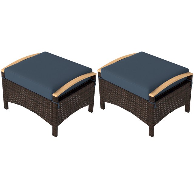 Ensemble de 2 Poufs d'Extérieur en Osier Bleu Marine avec Coussins - Repose-Pieds et Tables d'Appoint pour Terrasse, Jardin, Véranda et Sièges de Cour - Conception Résistante aux Intempéries
