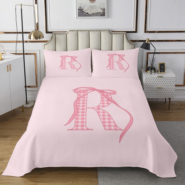 Erosebridal Teens Monogrammed Quilt Sets for Queen Size Bed, Initial R Letter Bed Set, Pink Bowknot Decor