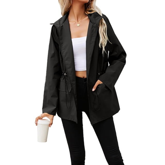 Women Zip Up Hooded Jacket Long Sleeve Waterproof Lightweight Jacket Outdoor Drawstring Jackets Windbreaker