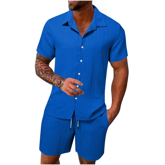 TIMIFIS BlueMen's Cotton Linen Sets Short Sleeve Pleats Suits 2 Piece Button Shirt and Shorts Beach OutfitsFall