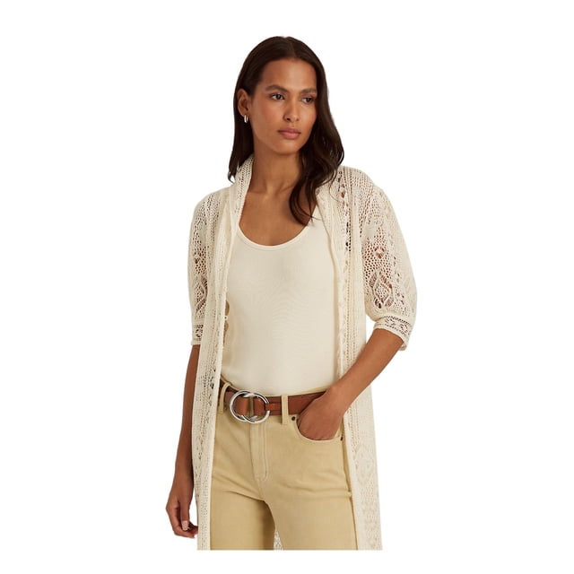 RALPH LAUREN Womens Beige Textured Button Closure Pouf Sleeve Shawl Collar Cardigan M