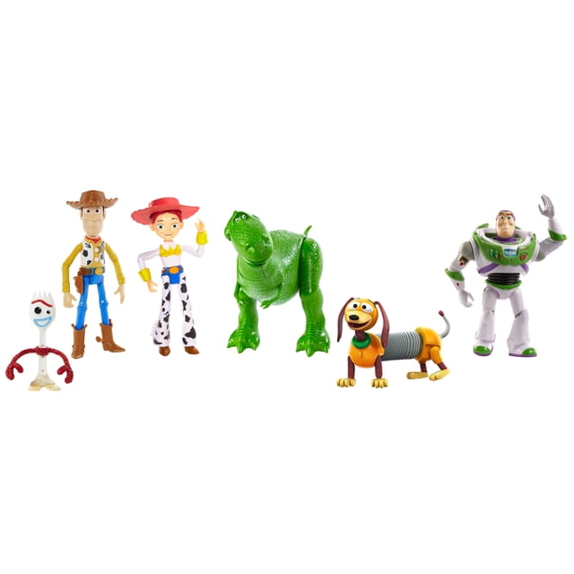 Disney Pixar Toy Story RV Friends 6-Pack Figures featuring Woody in cowboy outfit, Jessie in cowgirl attire, green dinosaur Rex, Slinky dog with orange body and spring midsection, Forky with white spork body and red pipe cleaner arms, and Buzz Lightyear in white and green space suit, all posed on white background for action figure playset collection.