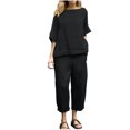 thumbnail image 1 of Yuyuzo Ensembles d'Été pour Femmes en Coton et Lin 2 Pcs Haut à Manches Mi-Longues Col Ras du Cou Pantalon à Jambe Droite Ensembles de Détente Assortis, 1 of 6